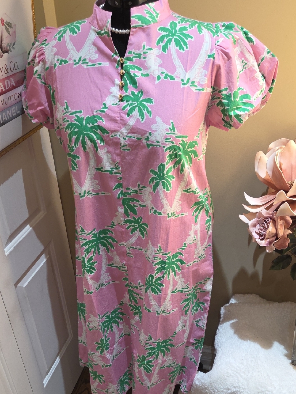 Nwt XXL STS SAIL TO SABLE Pink Palm-Print Maxi Dress with Mandarin Collar - Picture 5 of 17